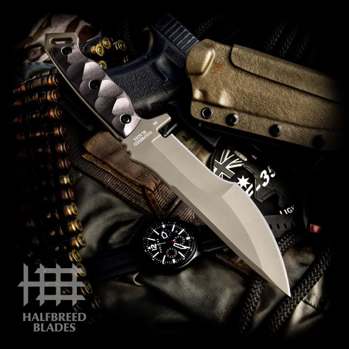 Halfbreed Blades Medium Infantry Fixed Blade Knife - 6.69" D2 Dark Earth Teflon Recurve Drop Point Tracker Blade, Milled Black G10 Handles, Molded Kydex Sheath - MIK-08-DE