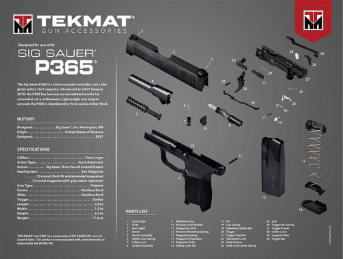 TekMat TEKR20SIGP365 Sig Sauer P365 Ultra 20 Cleaning Mat Sig P365 Parts Diagram 15" x 20"