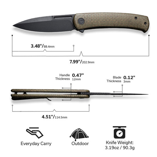 CIVIVI Knives Caetus Liner Lock Flipper Knife - 3.48" 14C28N Black Stonewashed Spear Point Blade, Green Burlap Micarta Handles - C21025C-3 CIVIVI Knives Caetus Liner Lock Flipper Knife - 3.48" 14C28N Black Stonewashed Spear Point Blade, Green Burlap Micarta Handles - C21025C-3