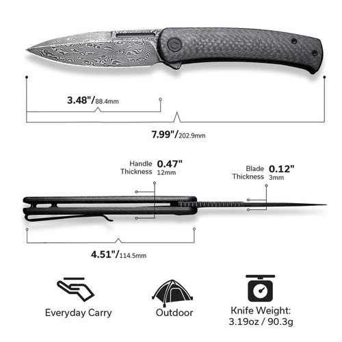 CIVIVI Knives Caetus Liner Lock Flipper Knife - 3.48" Damascus Spear Point Blade, Twill Carbon Fiber Handles - C21025C-DS1 CIVIVI Knives Caetus Liner Lock Flipper Knife - 3.48" Damascus Spear Point Blade, Twill Carbon Fiber Handles - C21025C-DS1