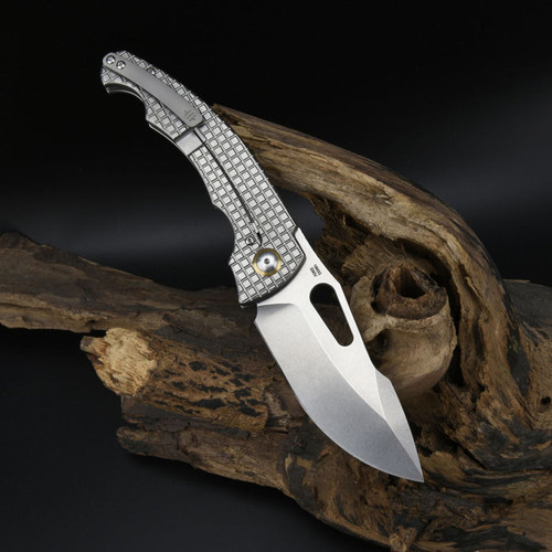 ArtisanCutlery 2023 BLADE Show Xcellerator Folding Knife - 3.86" S90V Stonewashed Harpoon Blade, Fragged Titanium Handles, Frame Lock - 1860G-GY ArtisanCutlery 2023 BLADE Show Xcellerator Folding Knife - 3.86" S90V Stonewashed Harpoon Blade, Fragged Titanium Handles, Frame Lock - 1860G-GY