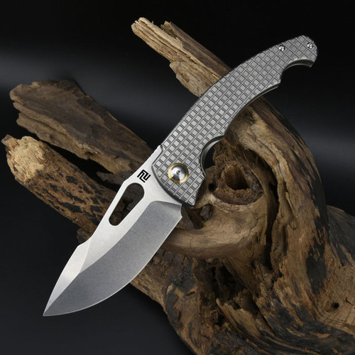 ArtisanCutlery 2023 BLADE Show Xcellerator Folding Knife - 3.86" S90V Stonewashed Harpoon Blade, Fragged Titanium Handles, Frame Lock - 1860G-GY ArtisanCutlery 2023 BLADE Show Xcellerator Folding Knife - 3.86" S90V Stonewashed Harpoon Blade, Fragged Titanium Handles, Frame Lock - 1860G-GY