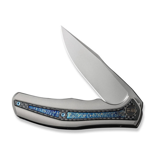 We Knife Co Zonda Frame Lock Flipper Knife - 4.05" CPM-20CV Bead Blasted Clip Point Blade, Gray Titanium Handles with Twill Carbon Fiber and Flamed Titanium Inlays - WE22016-2 We Knife Co Zonda Frame Lock Flipper Knife - 4.05" CPM-20CV Bead Blasted Clip Point Blade, Gray Titanium Handles with Twill Carbon Fiber and Flamed Titanium Inlays - WE22016-2