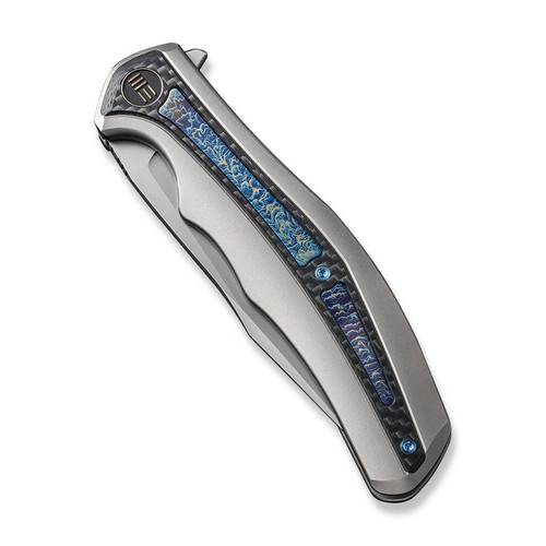 We Knife Co Zonda Frame Lock Flipper Knife - 4.05" CPM-20CV Bead Blasted Clip Point Blade, Gray Titanium Handles with Twill Carbon Fiber and Flamed Titanium Inlays - WE22016-2 We Knife Co Zonda Frame Lock Flipper Knife - 4.05" CPM-20CV Bead Blasted Clip Point Blade, Gray Titanium Handles with Twill Carbon Fiber and Flamed Titanium Inlays - WE22016-2
