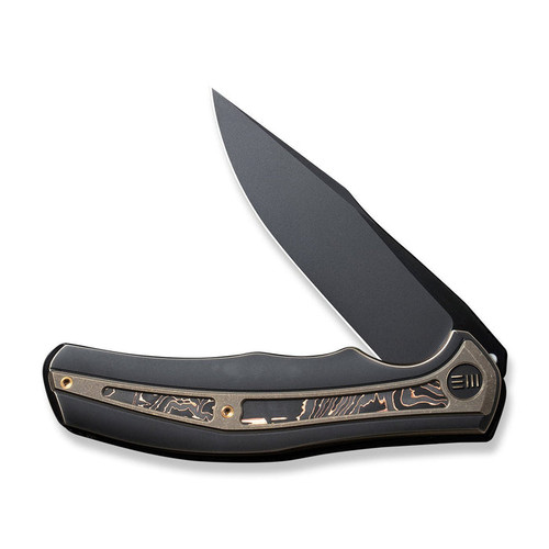 We Knife Co Zonda Frame Lock Flipper Knife - 4.05" CPM-20CV Black Stonewashed Clip Point Blade, Black Titanium Handles with Bronze Titanium and Copper Foil Carbon Fiber Inlays - WE22016-3 We Knife Co Zonda Frame Lock Flipper Knife - 4.05" CPM-20CV Black Stonewashed Clip Point Blade, Black Titanium Handles with Bronze Titanium and Copper Foil Carbon Fiber Inlays - WE22016-3