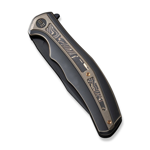We Knife Co Zonda Frame Lock Flipper Knife - 4.05" CPM-20CV Black Stonewashed Clip Point Blade, Black Titanium Handles with Bronze Titanium and Copper Foil Carbon Fiber Inlays - WE22016-3 We Knife Co Zonda Frame Lock Flipper Knife - 4.05" CPM-20CV Black Stonewashed Clip Point Blade, Black Titanium Handles with Bronze Titanium and Copper Foil Carbon Fiber Inlays - WE22016-3