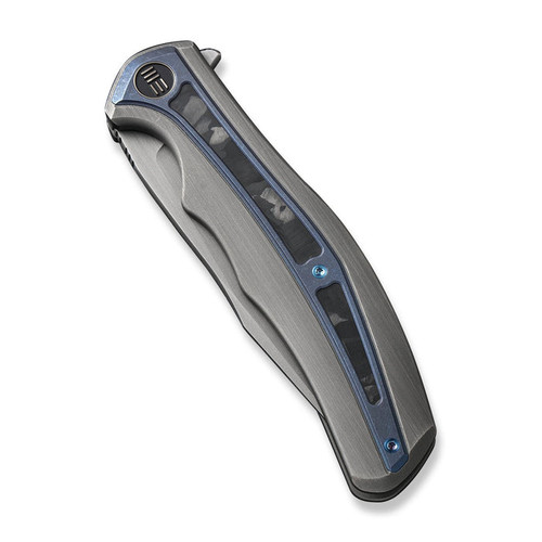We Knife Co Zonda Frame Lock Flipper Knife - 4.05" CPM-20CV Hand Rubbed Satin Clip Point Blade, Gray Titanium Handles with Blue Titanium and Marble Carbon Fiber Inlays - WE22016-4 We Knife Co Zonda Frame Lock Flipper Knife - 4.05" CPM-20CV Hand Rubbed Satin Clip Point Blade, Gray Titanium Handles with Blue Titanium and Marble Carbon Fiber Inlays - WE22016-4