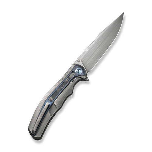 We Knife Co Zonda Frame Lock Flipper Knife - 4.05" CPM-20CV Hand Rubbed Satin Clip Point Blade, Gray Titanium Handles with Blue Titanium and Marble Carbon Fiber Inlays - WE22016-4 We Knife Co Zonda Frame Lock Flipper Knife - 4.05" CPM-20CV Hand Rubbed Satin Clip Point Blade, Gray Titanium Handles with Blue Titanium and Marble Carbon Fiber Inlays - WE22016-4