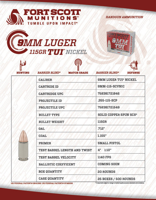 Fort Scott Munitions 9MM115SCVNIC Tumble Upon Impact (TUI) 9mm Luger 115 gr Solid Copper Spun (SCS) - Nickel Coated Casing, 20 Per Box Fort Scott Munitions 9MM115SCVNIC Tumble Upon Impact (TUI) 9mm Luger 115 gr Solid Copper Spun (SCS) - Nickel Coated Casing, 20 Per Box