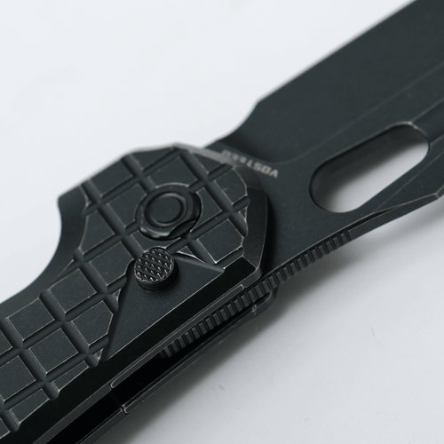 Vosteed Knives Thunderbird Trek Lock Flipper Knife - 3.48" Elmax Blackwash Compound Tanto Harpoon Blade, Black Titanium Frag Pattern Handles, Button Lock - VOSA0312 Vosteed Knives Thunderbird Trek Lock Flipper Knife - 3.48" Elmax Blackwash Compound Tanto Harpoon Blade, Black Titanium Frag Pattern Handles, Button Lock - VOSA0312