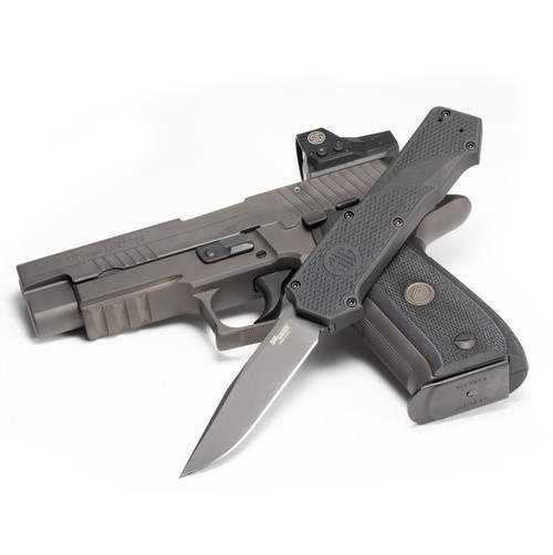 SIG Compound Tactical OTF - 3.5" Clip Point Blade - Grey Cerakote Finish, Solid Black G10 Frame SIG Compound Tactical OTF - 3.5" Clip Point Blade - Grey Cerakote Finish, Solid Black G10 Frame