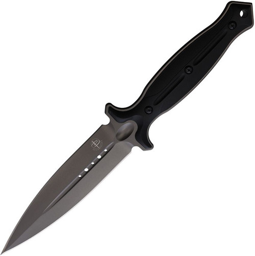 Begg Knives Steelcraft Series Filoso Dagger Fixed Blade Knife - 6" 1095 Gray PVD Double Edge Dagger Blade, Milled Black Injection Molded Handles, Boltaron Sheath - BG028