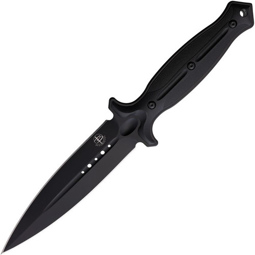 Begg Knives Steelcraft Series Filoso Dagger Fixed Blade Knife - 6" 1095 Black PVD Double Edge Dagger Blade, Milled Black Injection Molded Handles, Boltaron Sheath - BG026