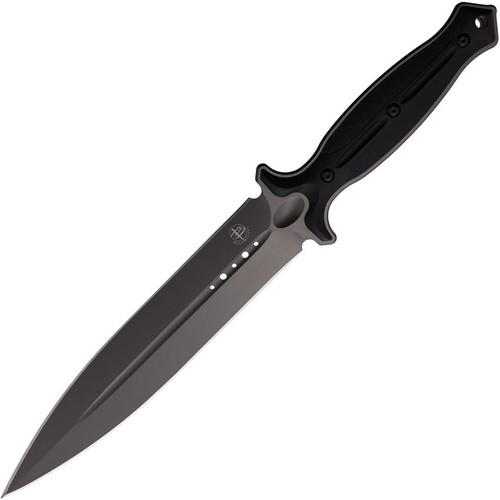 Begg Knives Steelcraft Series Filoso Dagger Fixed Blade Knife - 8" 1095 Gray PVD Double Edge Dagger Blade, Milled Black Injection Molded Handles, Boltaron Sheath - BG029
