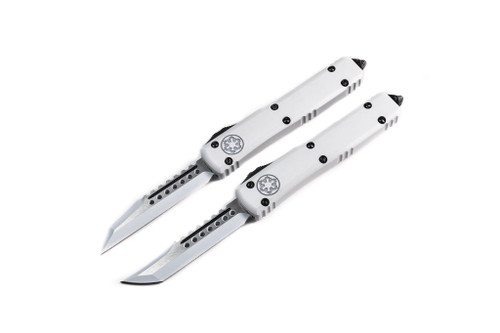 Microtech 119-1SETSTDS Signature Series Ultratech Stormtrooper AUTO OTF Set - 3.46" White Hellhound Tanto and Warhound Blades, Deep Engraved White Aluminum Handles