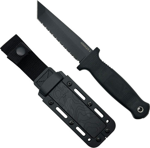 Demko Knives Armiger 4 Fixed Blade Boot Knife - 4.25" 80CrV2 Black Powder Coated Tanto Serrated Blade, Black Thermal Plastic Rubber Handle, Full Tang, Kydex Sheath Demko Knives Armiger 4 Fixed Blade Boot Knife - 4.25" 80CrV2 Black Powder Coated Tanto Serrated Blade, Black Thermal Plastic Rubber Handle, Full Tang, Kydex Sheath