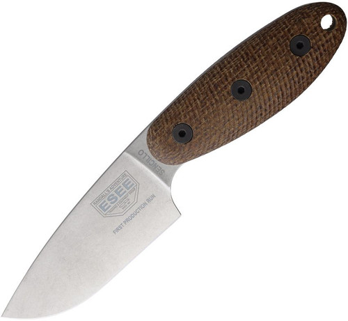 ESEE Knives Sencillo Fixed Blade Knife - 3" CPM-MagnaCut Stonewashed Drop Point Blade, 3D Machined Natural Burlap Micarta Handles, Kydex Sheath - ESEE-SENCILLO-M