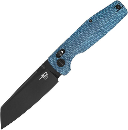 Bestech Knives Slasher Crossbar Lock Folding Knife - 3.5" D2 Black Sheepsfoot Blade, Blue Canvas Micarta Handles - BG56C-2