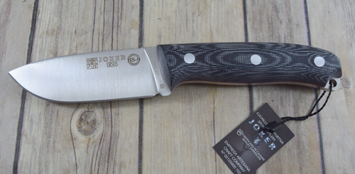 Joker Knives BS-9 URSUS Bushcraft Fixed Blade Knife - 4" 1.4116 Satin Drop Point, Black Canvas Micarta Handles, Leather Sheath - CM116 Joker Knives BS-9 URSUS Bushcraft Fixed Blade Knife - 4" 1.4116 Satin Drop Point, Black Canvas Micarta Handles, Leather Sheath - CM116