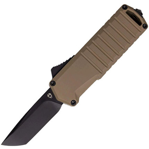 Tekto Knives A2 BADGER Mini Automatic OTF Knife - 1.85" Titanium-Coated D2 Steel Tanto Blade, Desert Earth Aluminum Handle, California Compliant
