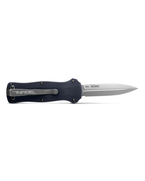 Benchmade 3350-2301 Limited Edition Mini Infidel AUTO OTF Knife - 3.10" S30V Stonewashed Double Edge Dagger Blade, Crater Blue Aluminum Handles Benchmade 3350-2301 Limited Edition Mini Infidel AUTO OTF Knife - 3.10" S30V Stonewashed Double Edge Dagger Blade, Crater Blue Aluminum Handles