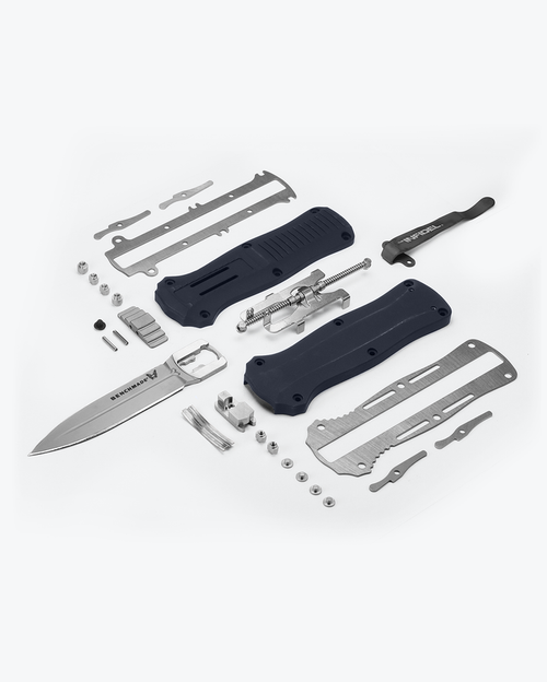 Benchmade 3350-2301 Limited Edition Mini Infidel AUTO OTF Knife - 3.10" S30V Stonewashed Double Edge Dagger Blade, Crater Blue Aluminum Handles Benchmade 3350-2301 Limited Edition Mini Infidel AUTO OTF Knife - 3.10" S30V Stonewashed Double Edge Dagger Blade, Crater Blue Aluminum Handles