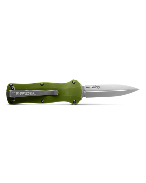 Benchmade 3350-2302 Limited Edition Mini Infidel AUTO OTF Knife - 3.10" S30V Stonewashed Double Edge Dagger Blade, Woodland Green Aluminum Handles Benchmade 3350-2302 Limited Edition Mini Infidel AUTO OTF Knife - 3.10" S30V Stonewashed Double Edge Dagger Blade, Woodland Green Aluminum Handles