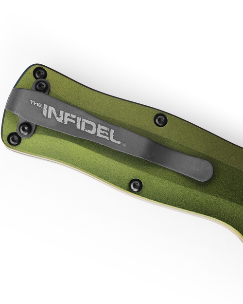 Benchmade 3350-2302 Limited Edition Mini Infidel AUTO OTF Knife - 3.10" S30V Stonewashed Double Edge Dagger Blade, Woodland Green Aluminum Handles Benchmade 3350-2302 Limited Edition Mini Infidel AUTO OTF Knife - 3.10" S30V Stonewashed Double Edge Dagger Blade, Woodland Green Aluminum Handles