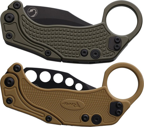Reate Knives EXO-K Button Lock Gravity Karambit - 3.13" Bohler N690 Black PVD Blade, Textured Green Aluminum Handles, Includes Trainer Reate Knives EXO-K Button Lock Gravity Karambit - 3.13" Bohler N690 Black PVD Blade, Textured Green Aluminum Handles, Includes Trainer