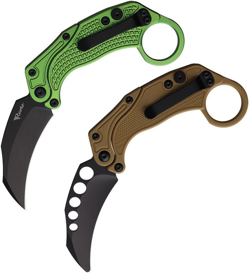 Reate Knives EXO-K Button Lock Gravity Karambit - 3.13" Bohler N690 Black PVD Blade, Textured Lime Green Aluminum Handles, Includes Trainer