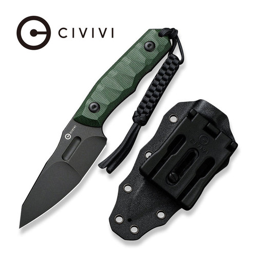 CIVIVI Knives PG Knives Propugnator Fixed Blade Knife - 4.15" D2 Black Stonewashed Reverse Tanto Blade, Milled Green Canvas Micarta Handles, Kydex Sheath - C23002-2