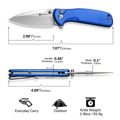 Sencut Knives ArcBlast Button Lock Flipper Knife - 2.98" Satin Modified Drop Point Blade, Bright Blue Aluminum Handles - S22043B-3 Sencut Knives ArcBlast Button Lock Flipper Knife - 2.98" Satin Modified Drop Point Blade, Bright Blue Aluminum Handles - S22043B-3