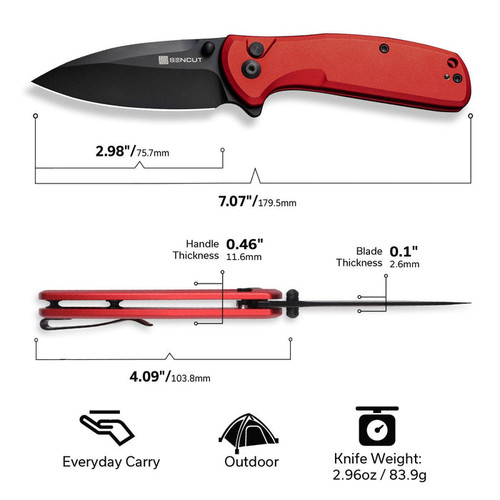 Sencut Knives ArcBlast Button Lock Flipper Knife - 2.98" Black Modified Drop Point Blade, Red Aluminum Handles - S22043B-4 Sencut Knives ArcBlast Button Lock Flipper Knife - 2.98" Black Modified Drop Point Blade, Red Aluminum Handles - S22043B-4