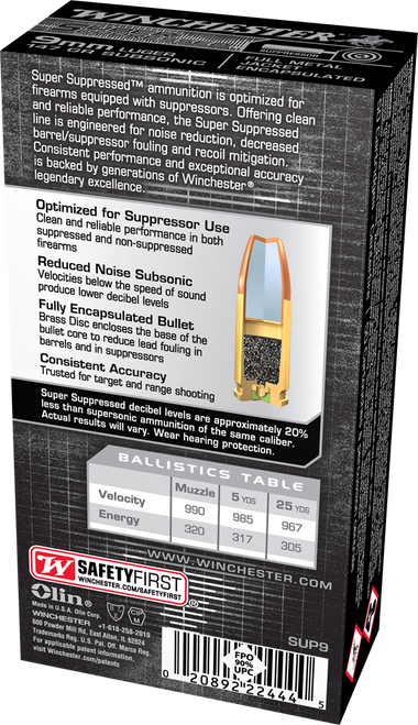Winchester Super Suppressed 9MM 147GR FMJ Handgun Ammo Winchester Super Suppressed 9MM 147GR FMJ Handgun Ammo