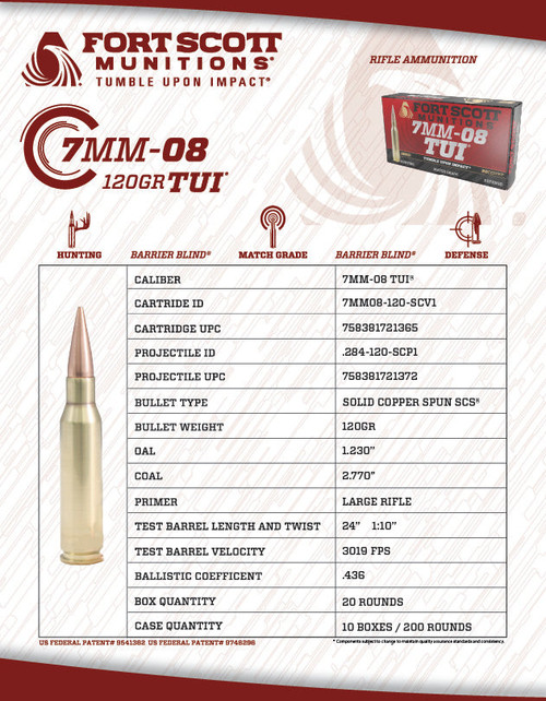 Fort Scott Munitions 7mm-08 Rem Tumble Upon Impact (TUI) - 120gr Solid Copper Spun, 20 Rounds per Box Fort Scott Munitions 7mm-08 Rem Tumble Upon Impact (TUI) - 120gr Solid Copper Spun, 20 Rounds per Box
