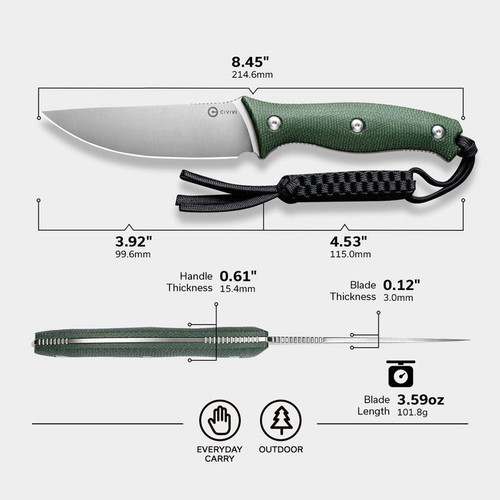 CIVIVI Knives Stormridge Fixed Blade Knife - 3.92" Nitro-V Satin Straight Back Blade, Contoured Green Canvas Micarta Handles, Kydex Sheath - C23041-3 CIVIVI Knives Stormridge Fixed Blade Knife - 3.92" Nitro-V Satin Straight Back Blade, Contoured Green Canvas Micarta Handles, Kydex Sheath - C23041-3