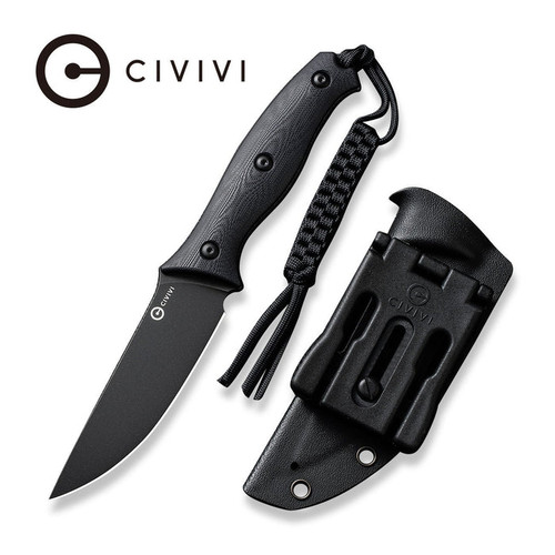 CIVIVI Knives Stormridge Fixed Blade Knife - 3.92" Nitro-V Black Stonewashed Straight Back Blade, Contoured Black G10 Handles, Kydex Sheath - C23041-1