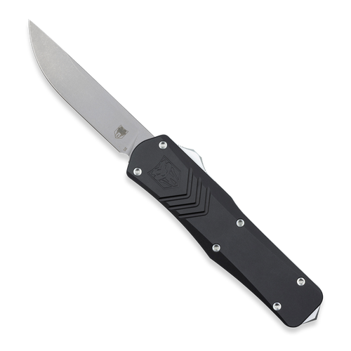 CobraTec Knives Medium FS-X Gen II AUTO OTF - 3" D2 Stonwashed Steel Drop Point Blade, Black Aluminum Handles