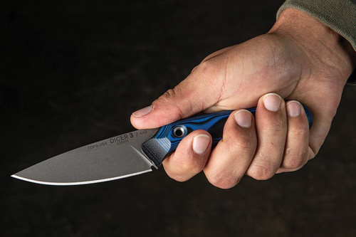 TOPS Knives Dicer 3 Paring Knife - 3.5" CPM-S35VN Tumble Finished Blade, Black Micarta & Blue/Black G10 Handles, Black Kydex Sheath - DCR3-01 TOPS Knives Dicer 3 Paring Knife - 3.5" CPM-S35VN Tumble Finished Blade, Black Micarta & Blue/Black G10 Handles, Black Kydex Sheath - DCR3-01