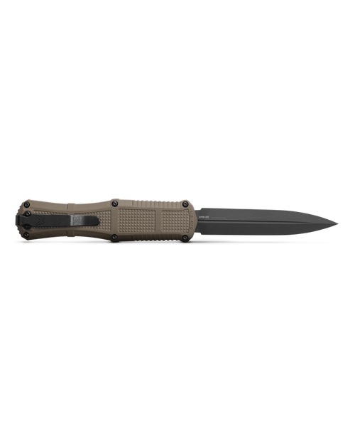 Benchmade 3370GY-1 Claymore OTF AUTO Knife - 3.89" CPM-D2 Smoke Gray PVD Double Edge Dagger Blade, Ranger Green Grivory Handles Benchmade 3370GY-1 Claymore OTF AUTO Knife - 3.89" CPM-D2 Smoke Gray PVD Double Edge Dagger Blade, Ranger Green Grivory Handles