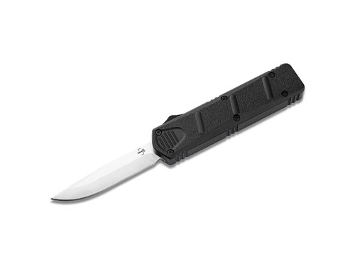 Boker Plus Mini Kalashnikov OTF Auto Knife - 2.68" D2 Satin Drop Point Blade, Black Aluminum Handles, Deep Carry Pocket Clip