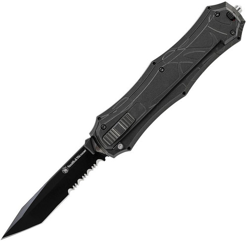 Smith & Wesson Knives SWOTF9TBS M&P OTF Knife - 3.50" Tanto Black Oxide Partially Serrated Blade, Black Sculpted Aluminum Handle