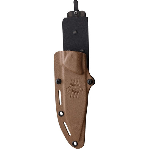 Attleboro Knives The Attleboro Fixed Blade - 4.5" Coyote Brown Cerakote S35VN Drop Point Serrated Blade, Black Canvas Micarta Handles, Tan Boltron Sheath Attleboro Knives The Attleboro Fixed Blade - 4.5" Coyote Brown Cerakote S35VN Drop Point Serrated Blade, Black Canvas Micarta Handles, Tan Boltron Sheath