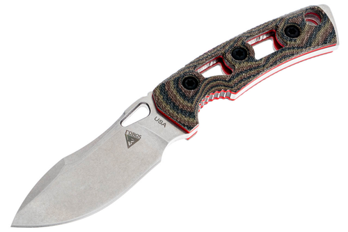 FOBOS Knives Tier 1 Mini Mini Fixed Blade Knife - 3.5" CPM-154 Stonewashed Drop Point, Camo Micarta w/ Red Liners, Brown Leather Sheath