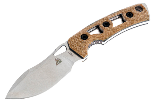 FOBOS Knives Tier 1 Mini Mini Fixed Blade Knife - 3.5" CPM-154 Stonewashed Finish Drop Point, Natural Micarta w/ Black Liners, Brown Leather Sheath