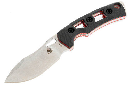 FOBOS Knives Tier 1 Mini Mini Fixed Blade Knife - 3.5" CPM-154 Stonewashed Drop Point, Carbon Fiber w/ Red Liners, Brown Leather Sheath