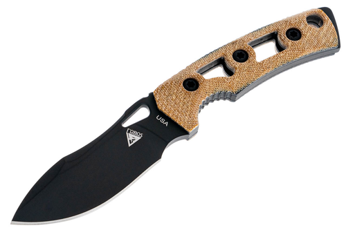 FOBOS Knives Tier 1 Mini Mini Fixed Blade Knife - 3.5" CPM-154 PVD Finish Drop Point, Natural Micarta w/ Black Liners, Brown Leather Sheath