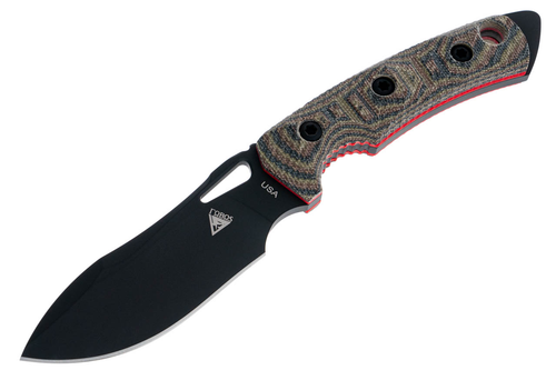 FOBOS Knives Tier 1 Mini Gen 3 Fixed Blade Knife - 4" CPM-154 PVD Finish Drop Point, Camo Micarta w/ Red Liners, Brown Leather Sheath