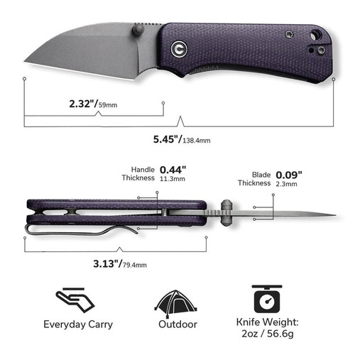 CIVIVI Knives C19068SC-2 Ben Petersen Baby Banter Folding Knife - 2.32" Nitro-V Stonewashed Wharncliffe Blade, Purple Canvas Micarta Handles, Liner Lock CIVIVI Knives C19068SC-2 Ben Petersen Baby Banter Folding Knife - 2.32" Nitro-V Stonewashed Wharncliffe Blade, Purple Canvas Micarta Handles, Liner Lock
