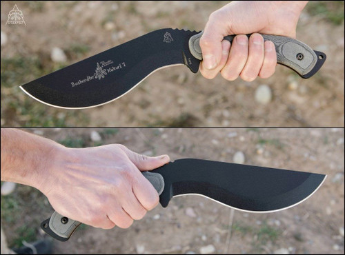 TOPS Knives Bushcrafter Kukuri 7.0 Fixed Blade - 7-3/4" 1095 Kukri Blade, Black Linen Micarta Handles, Green Kydex Sheath - BKUK-01 TOPS Knives Bushcrafter Kukuri 7.0 Fixed Blade - 7-3/4" 1095 Kukri Blade, Black Linen Micarta Handles, Green Kydex Sheath - BKUK-01